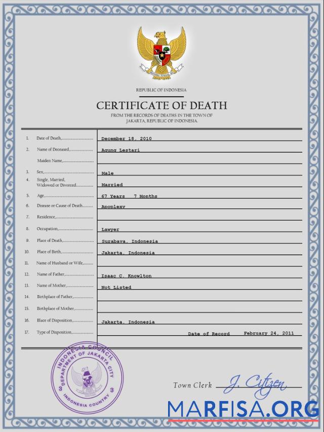 Downloadable Indonesia vital record death certificate PSD template